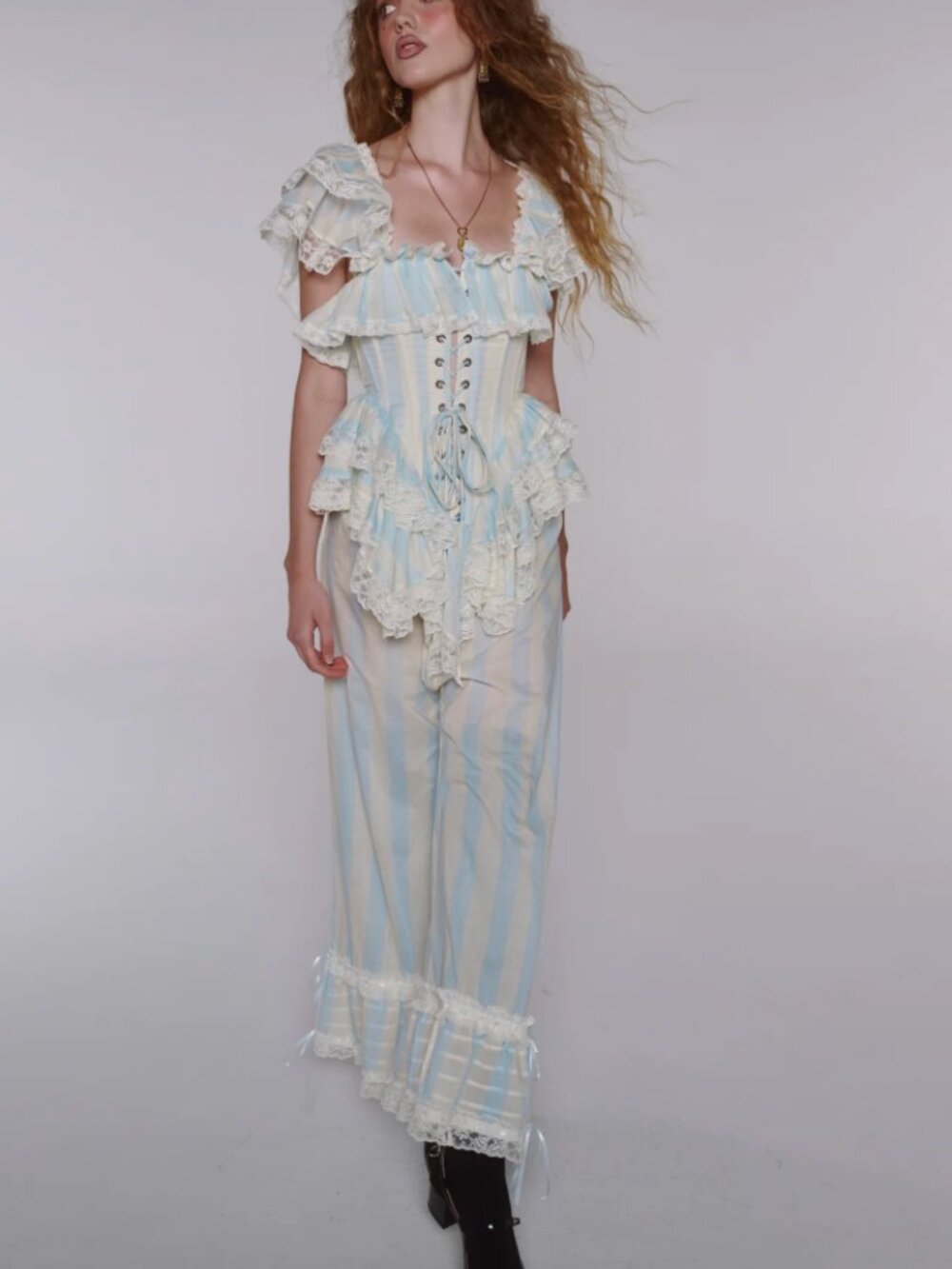 Selkie Seaside Cure Pantalettes Blue Stripe Lace Cotton Pants XS